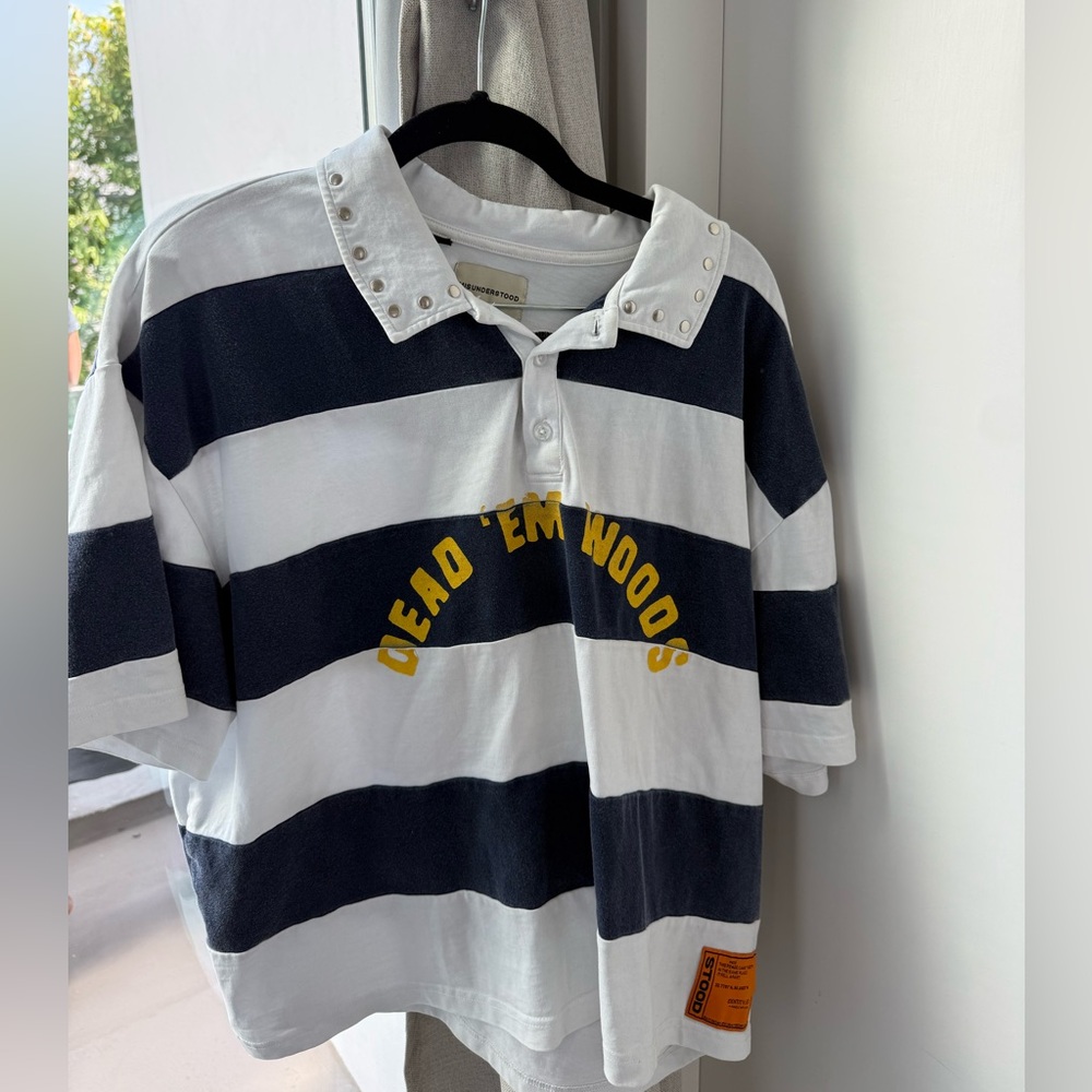 Oversized Striped Rugby Polo Shirt with Studded Collar - White & Navy